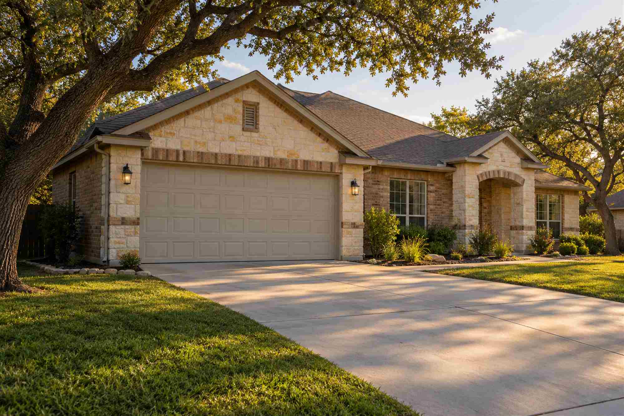 Illustrative single-story limestone and brick Central Texas home with a closed paneled two-car garage, concrete driveway and live oaks in late-afternoon light.